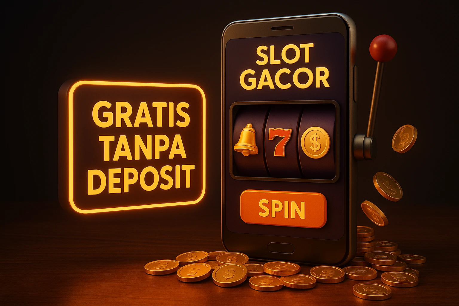 Ilustrasi 3D slot gacor modern di layar smartphone dengan tombol spin, simbol bel dan angka tujuh, serta tulisan neon "Gratis Tanpa Deposit".