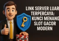 Karakter 3D dengan kunci emas dan chip kasino mewakili link server luar terpercaya sebagai kunci menang slot gacor modern.
