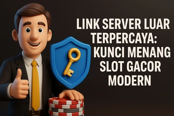 Karakter 3D dengan kunci emas dan chip kasino mewakili link server luar terpercaya sebagai kunci menang slot gacor modern.